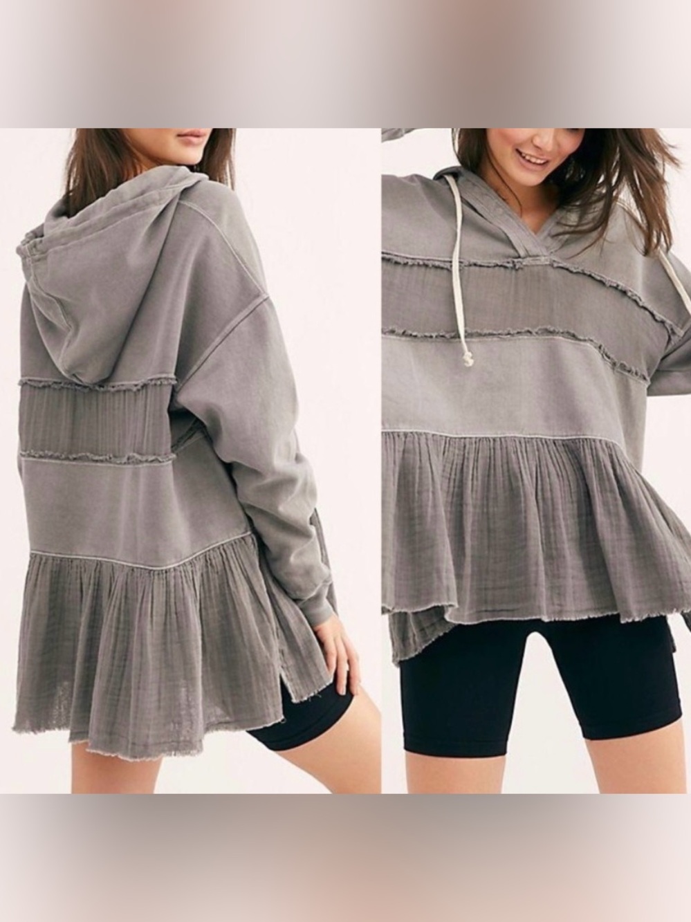 Free People Sail Away Cotton Washed Gray Tiered Hooded Peplum Sweatshirt